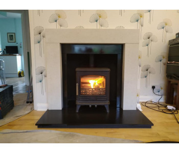 ACR Stoves Oakdale multi fuel  -  with limestone fire surround with slate slips and header on existing hearth